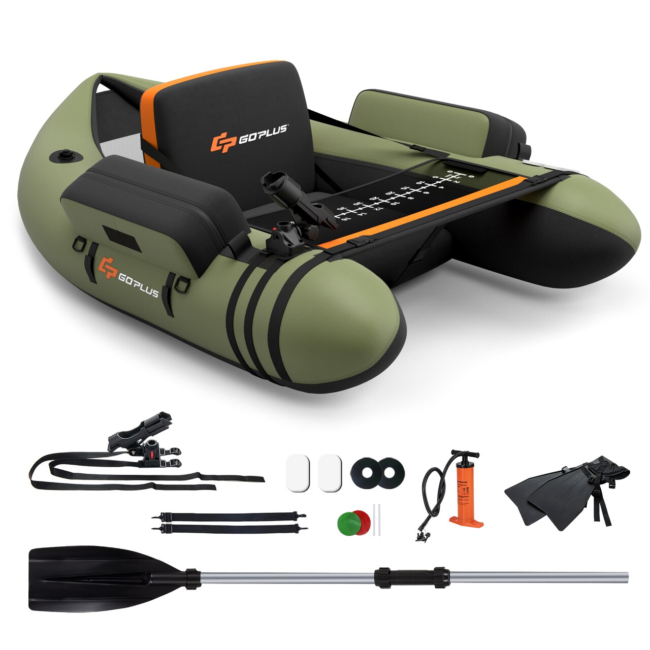 Goplus Inflatable Fishing Float Tube w/Pump & Storage Pockets & Fish Ruler Gray\Beige\Green